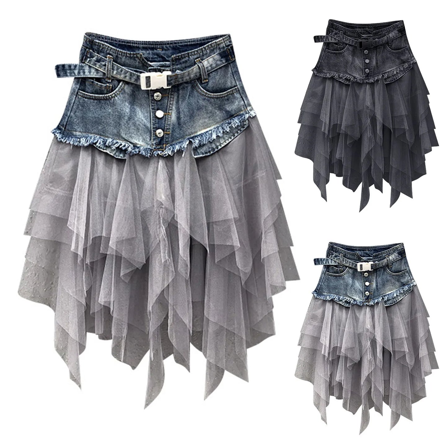 Punk Women Denim Skirts Mesh Patchwork Jean Skirt Y2K High Waist A Line Asymmetric Tulle Skirts Pleated Gothic Chic