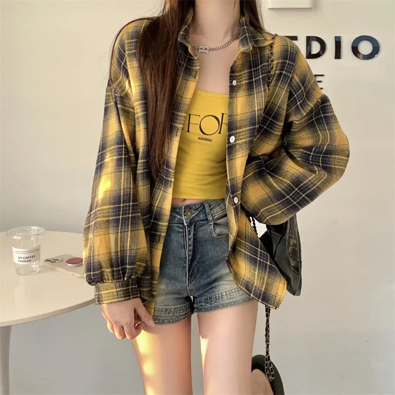 Black Flannel Shirt for Women Long Sleeve Collared Button-Up Tartan Plaid Shirt Jacket  Teen-girl Casual Everyday Outfit