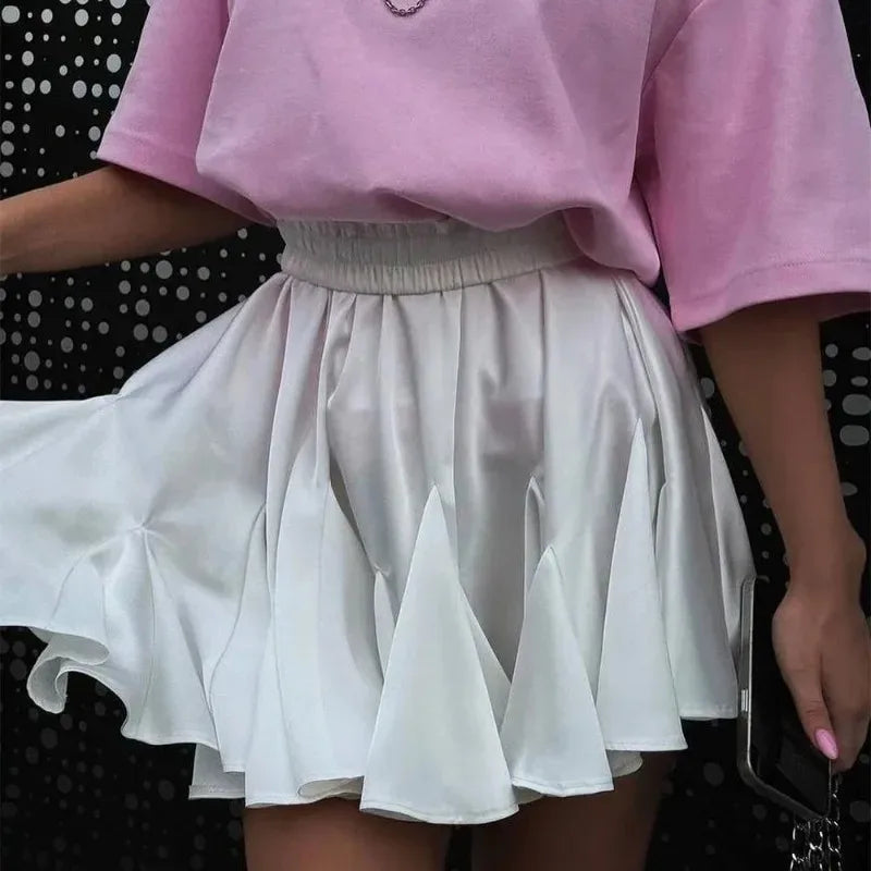 Talenza Women's White Mini Skirt A Line High Waist Sexy Cute Ruffle Retro Tennis Skirt Black Elastic Waist Short Skirt Summer