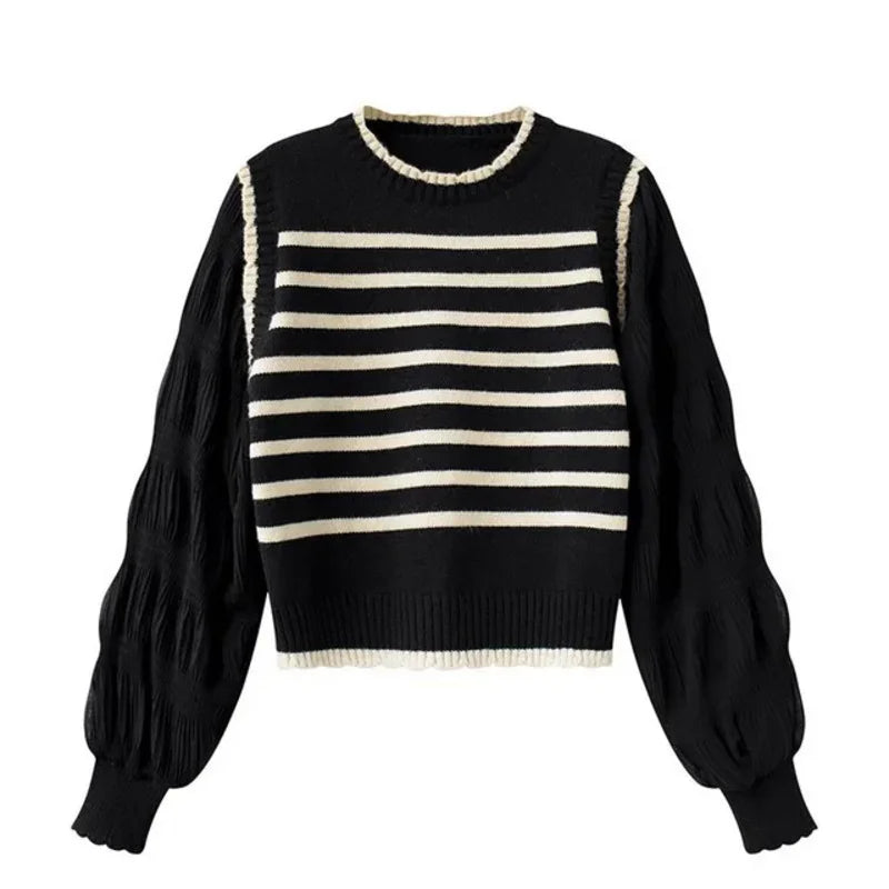 2025 Women Black and White Striped Fake Two-Piece Knitted Sweaters Autumn Winter Korean Soft Glutinous Pullover Sweater Female