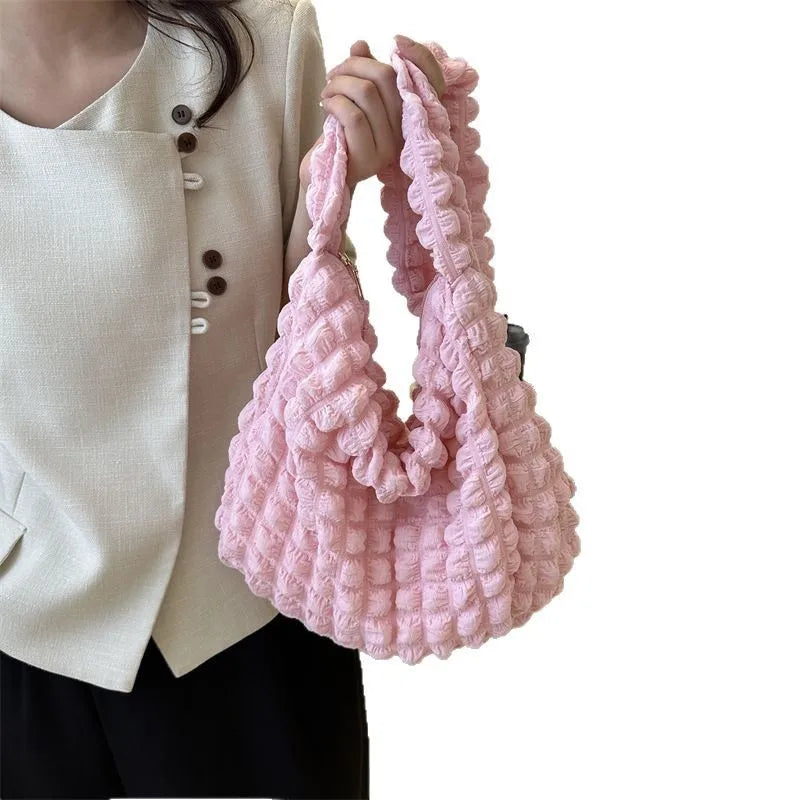 Crossbody Bag With Pleated Design Embroidered Plaid Shoulder Bag Underarm Bags Simple Large Capacity Quilted Tote Bags For Women