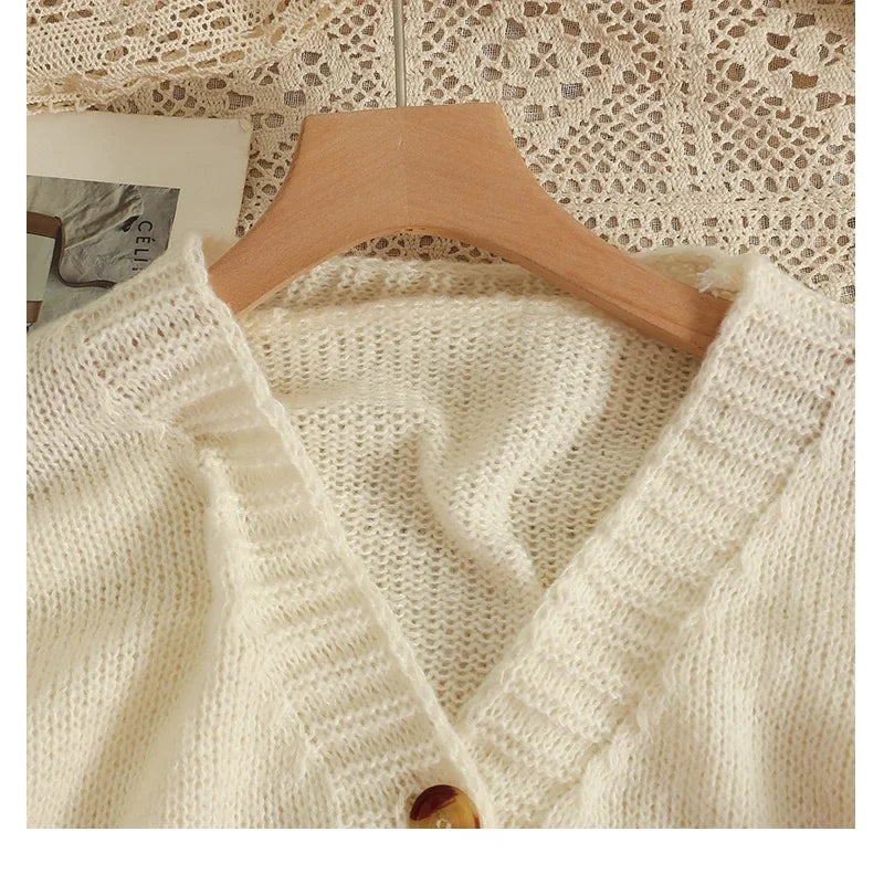 Autumn Colourful Applique Flower Cardigan for Women Cute Long  V-neck Knit Crop Sweater Girl Soft Knitwear