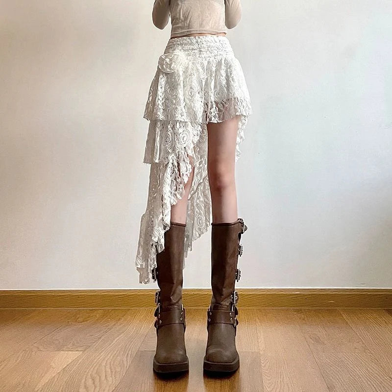 Zoki Sexy Bohemian Sweet Lace Skirt Women Elegant Irregular High Waist Skirt Vintage Korean Lady Casual Cute White A Line Skirts