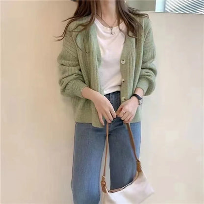 Autumn V Neck Elegant Cardigan Women Sweater New Fashion Loose Retro Knitted Jacket Versatile Solid Casual Office Gentle Coats