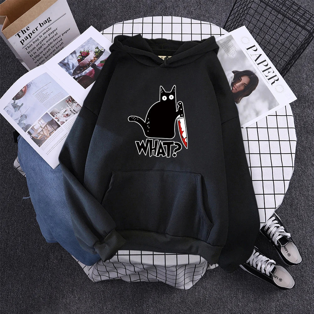 Hoody Little Black Cat And Knife Sweatshirt With Hooded Woman Oversized Aesthetic Hoodie Womens Winter Female Cats Hoodies
