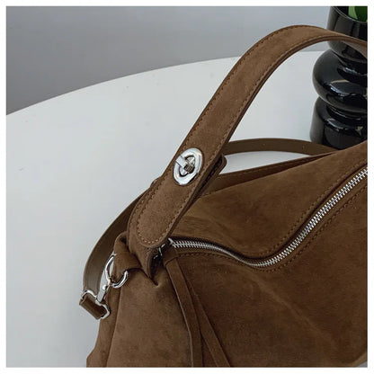 New Fashion Simple Fall Winter Spacious Boston Tote Bag Soft Matte Suede Design Women's Large Capacity Portable Hand Strap Bag