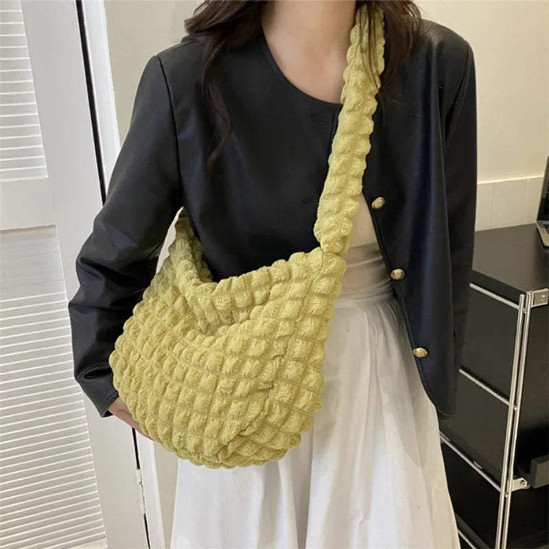 Crossbody Bag With Pleated Design Embroidered Plaid Shoulder Bag Underarm Bags Simple Large Capacity Quilted Tote Bags For Women