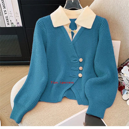 2025 Autumn Winter New Splicing Fake Two Pieces Knitted Cardigan Sweater Women Jacket Fashion Knitwear Loose Ladies Tops B693