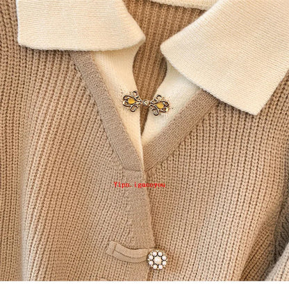 2025 Autumn Winter New Splicing Fake Two Pieces Knitted Cardigan Sweater Women Jacket Fashion Knitwear Loose Ladies Tops B693