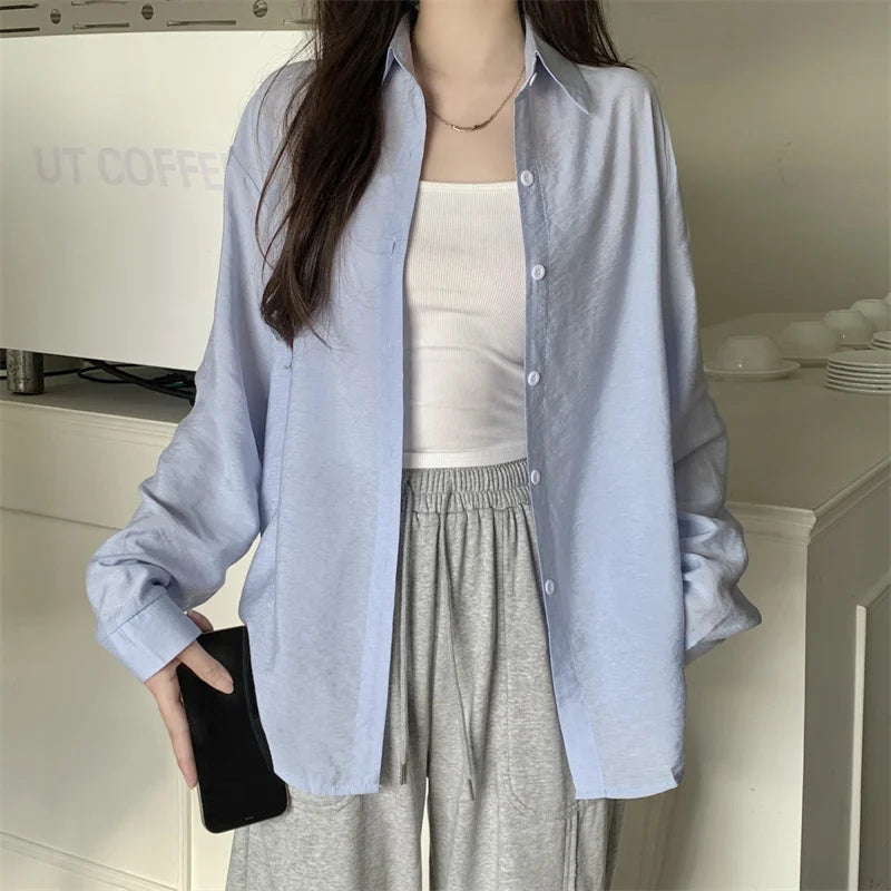 Breezy Button-Down Shirt for Women Long Sleeve Collared Lightweight Oversized Shirt Spring Summer Teenage Girl Basic Outfit