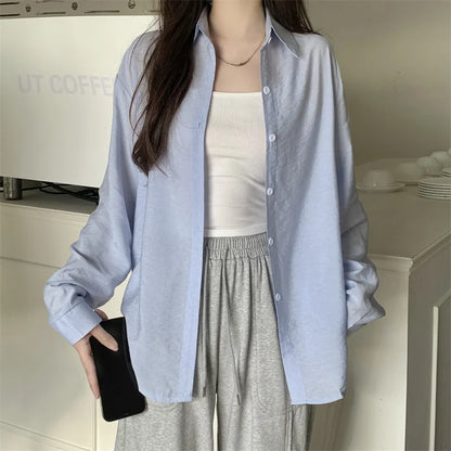 Breezy Button-Down Shirt for Women Long Sleeve Collared Lightweight Oversized Shirt Spring Summer Teenage Girl Basic Outfit