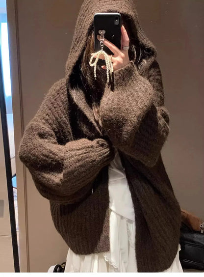 Winter Women Long Sleeve Loose Hooded Loose Knitted Coat Autumn Fashion Solid Color Sweater Elegant Casual Cardigan Knitwear