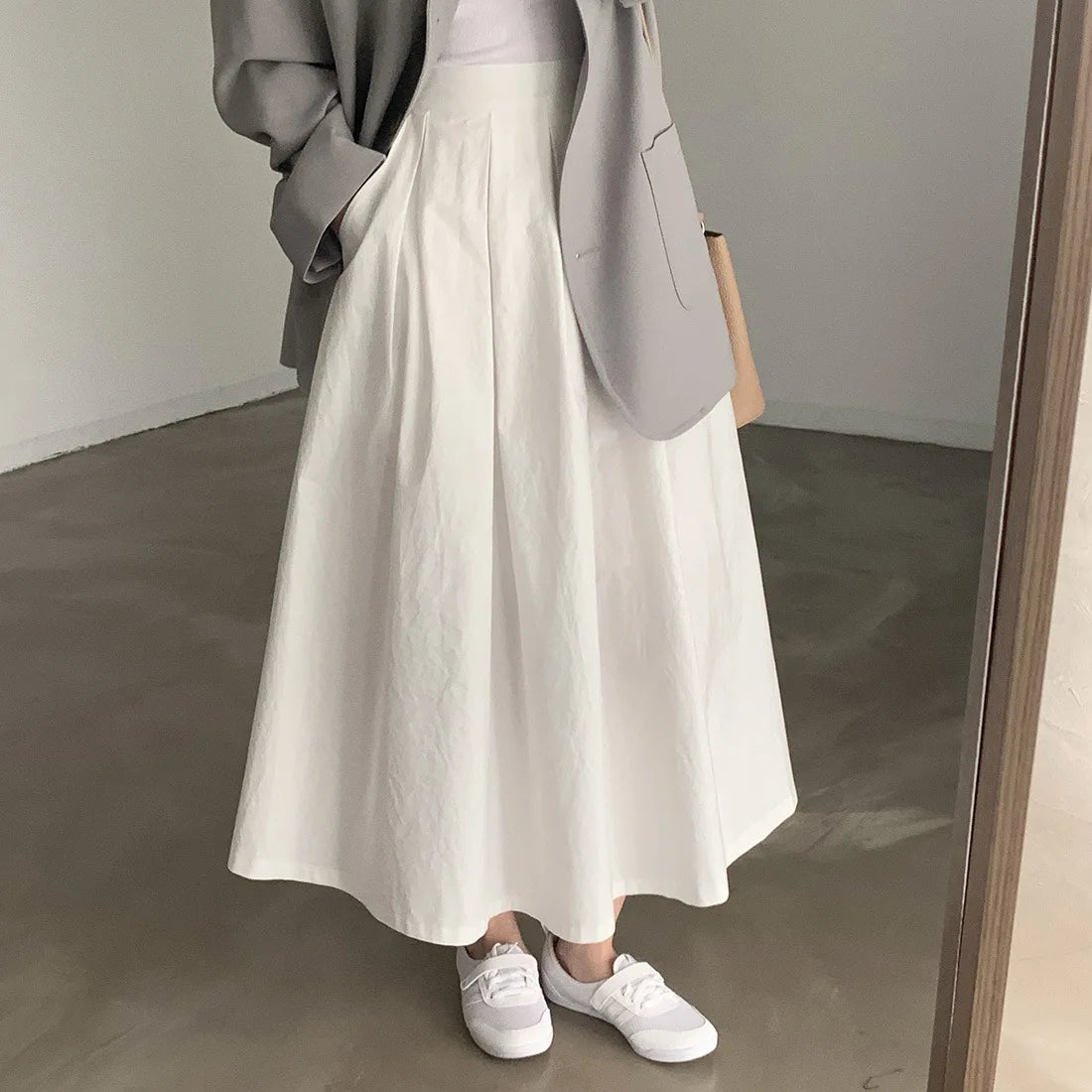 2024 Women Elegant White Long Skirts High Waist A-Line Cotton Maxi Skirts Women Casual Skirts