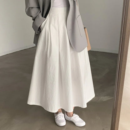 2024 Women Elegant White Long Skirts High Waist A-Line Cotton Maxi Skirts Women Casual Skirts