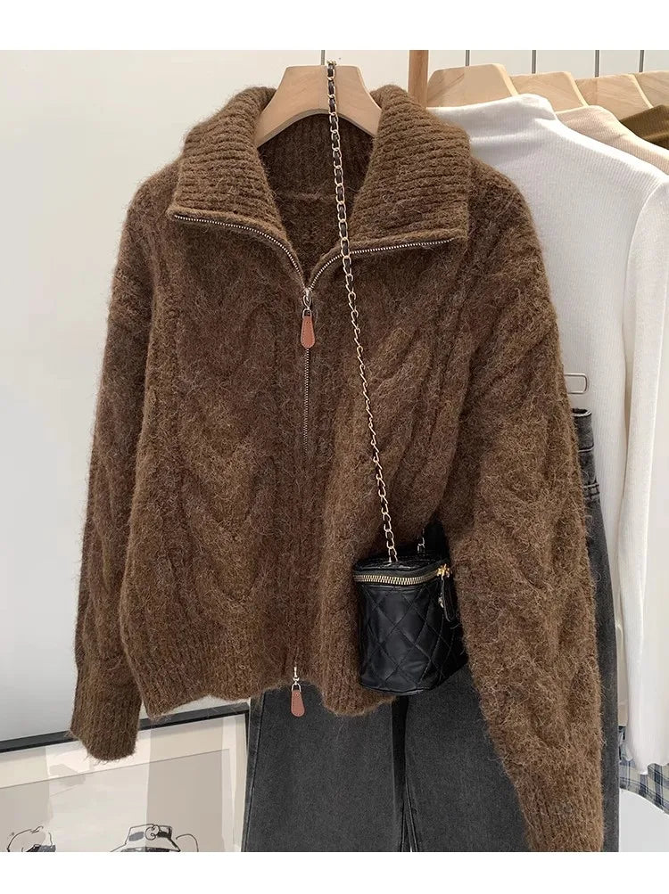 HELIAR Women Fall Winter New Casual Loose Knitted Cardigan Retro Solid Double Zipper Turn-down Collar Sweater Thicken Loose Tops