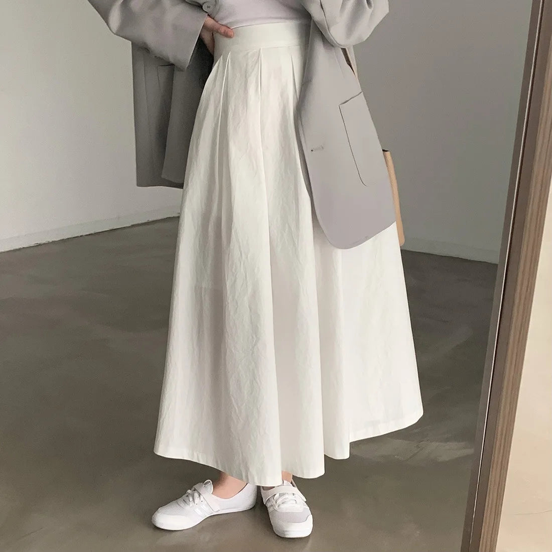 2024 Women Elegant White Long Skirts High Waist A-Line Cotton Maxi Skirts Women Casual Skirts