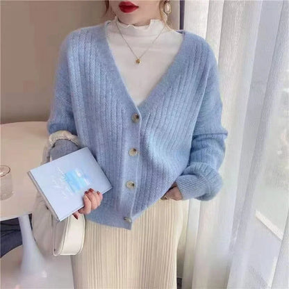 Autumn V Neck Elegant Cardigan Women Sweater New Fashion Loose Retro Knitted Jacket Versatile Solid Casual Office Gentle Coats