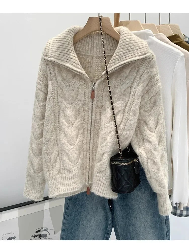 HELIAR Women Fall Winter New Casual Loose Knitted Cardigan Retro Solid Double Zipper Turn-down Collar Sweater Thicken Loose Tops