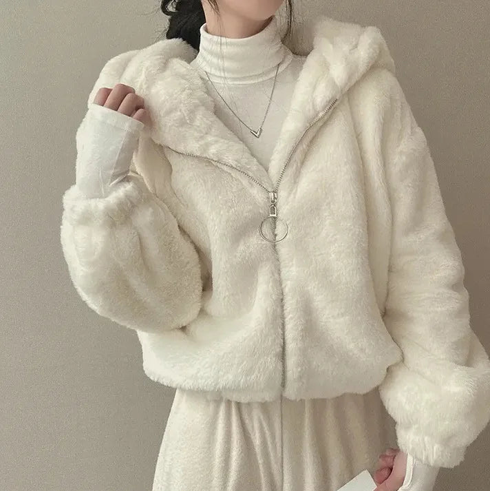 Winter Women Fur Coat Zipper Loose Hoodies Over Coat Thick Warm Plus Size Female Plush Casual Coats