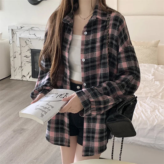 Women Tartan Shirt Long Sleeve Collared Button Up Oversized Plaid Shirt Flannel Jacket Grunge Teenage Girl Spring Summer Outfit