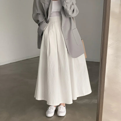2024 Women Elegant White Long Skirts High Waist A-Line Cotton Maxi Skirts Women Casual Skirts