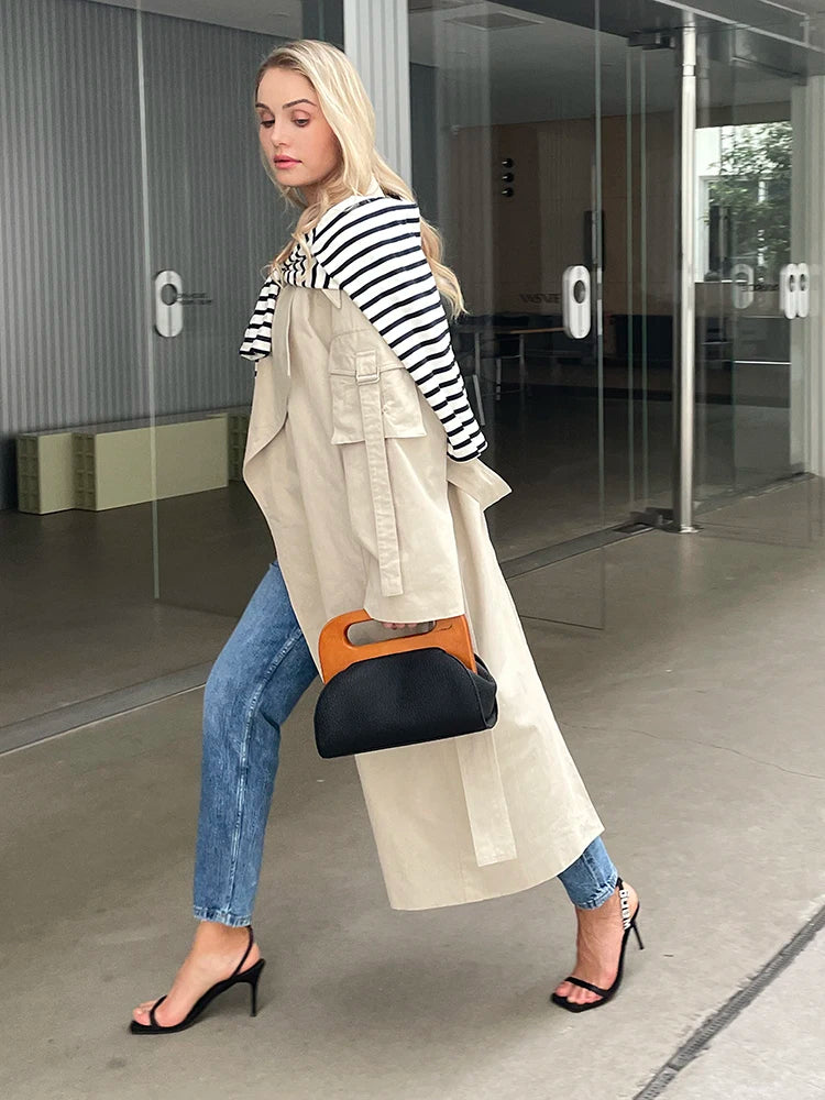 2024 Spring Fall New Korea style Women's Oversized Cotton Long Trench Coat With Belt  Casual Female Windbreaker
