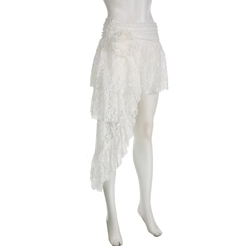 Zoki Sexy Bohemian Sweet Lace Skirt Women Elegant Irregular High Waist Skirt Vintage Korean Lady Casual Cute White A Line Skirts
