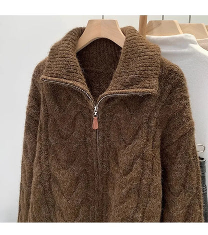 HELIAR Women Fall Winter New Casual Loose Knitted Cardigan Retro Solid Double Zipper Turn-down Collar Sweater Thicken Loose Tops
