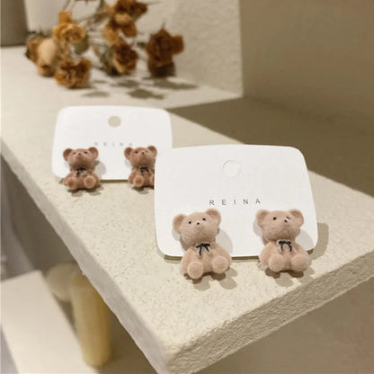 Flocking Velvet Rabbit Bear Stud Earrings for Women Fall Fashion Kawaii Animal Earrings Girls Korean Kids Jewelry Brincos Gifts