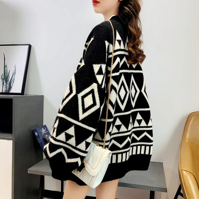 New Fashion Geometry Printing Knitted Caridgan Coat Autumn Winter Casual Loose Women Sweaters Office Lady Knitted Clothes