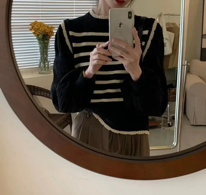 2025 Women Black and White Striped Fake Two-Piece Knitted Sweaters Autumn Winter Korean Soft Glutinous Pullover Sweater Female