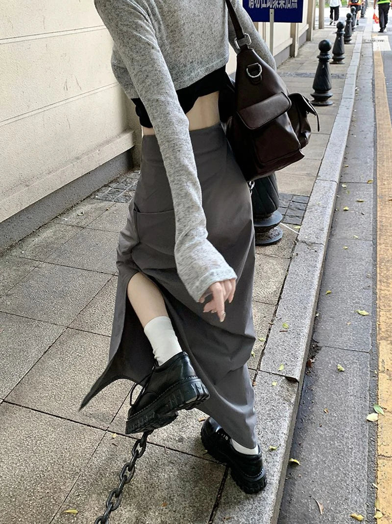 High Waist Pleated Skirt for Women Korean Fashion Streetwear Sexy Slit Midi Skirt Y2K Loose Hip Hop All-Match Female Cargo Skirt