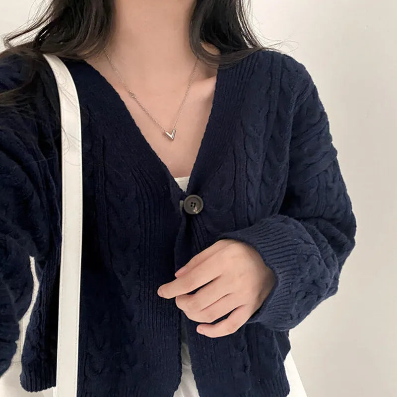 Fall Autumn and Winter New Women's Clothing Retro V-neck Twist Design Long-sleeved Short Knitted Cardigan Sweater Jacket