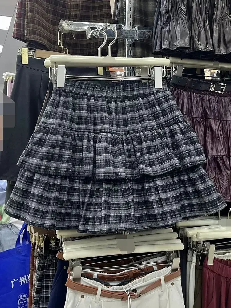 Japanese Y2k Cute Ruffled Plaid Skirt Punk Rock Subculture Cake Skirts Japanese Preppy Style Casual New 2025 Women Skirts