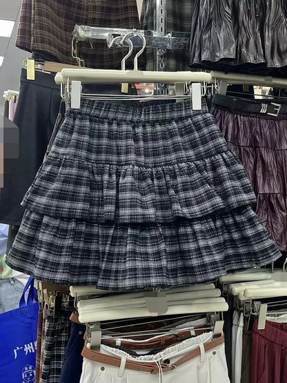 Japanese Y2k Cute Ruffled Plaid Skirt Punk Rock Subculture Cake Skirts Japanese Preppy Style Casual New 2025 Women Skirts