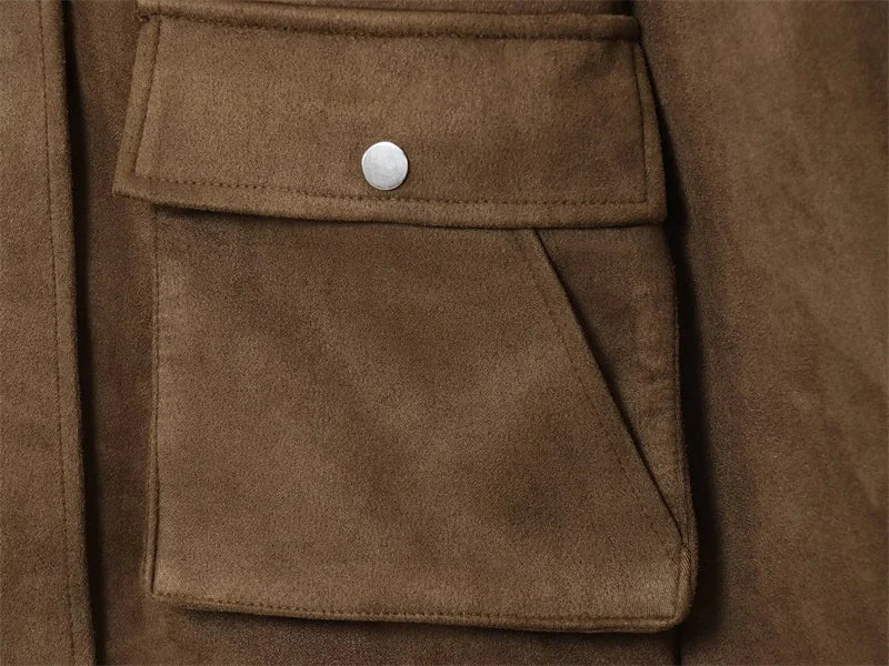 Women's Jacket New Fall 2025 Dark Brown Long Sleeve Bomber Jacket Pocket Decoration Casual Fashion Simple Personality