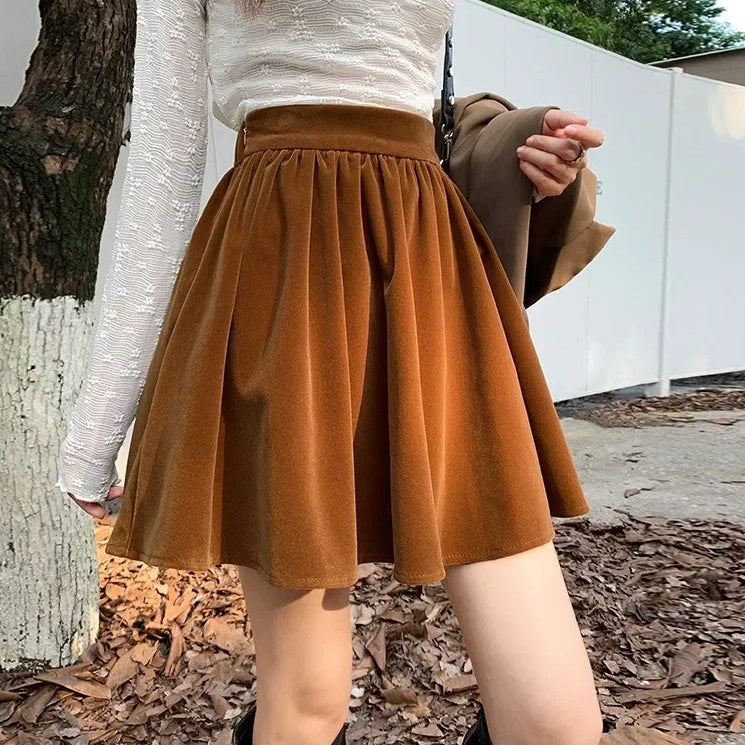 Winter Velvet Skirts New Design 2024 New Year Spring Japan Girls Chic Fashion Elastic Waist Mini Skirt