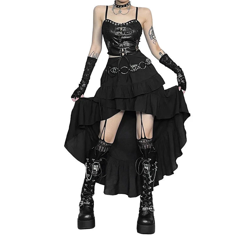 Cocktail Irregular Black Y2K Long Skirts for Women Vintage Elegant Fungus A-Line Midi Skirt New Fashion Summer Skirt Streetwear