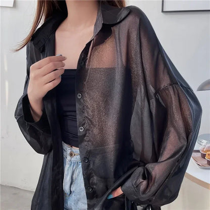 Oversized Shirt for Women Black White Thin Chiffon Collared Long Sleeve Button-Up Shirt Blouse Female Teen-girl Beach Cover Up