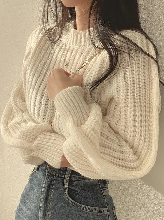 Loose Vintage Harajuku Lantern Long Sleeve Women Sweater Autumn Winter Knitwear Soft Warm Tops Chic Solid Femme Sweater
