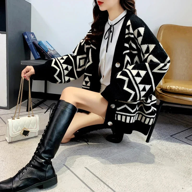 New Fashion Geometry Printing Knitted Caridgan Coat Autumn Winter Casual Loose Women Sweaters Office Lady Knitted Clothes