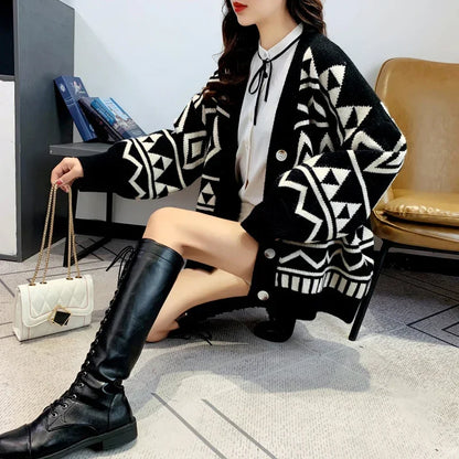 New Fashion Geometry Printing Knitted Caridgan Coat Autumn Winter Casual Loose Women Sweaters Office Lady Knitted Clothes