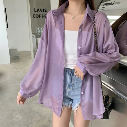 Oversized Shirt for Women Black White Thin Chiffon Collared Long Sleeve Button-Up Shirt Blouse Female Teen-girl Beach Cover Up