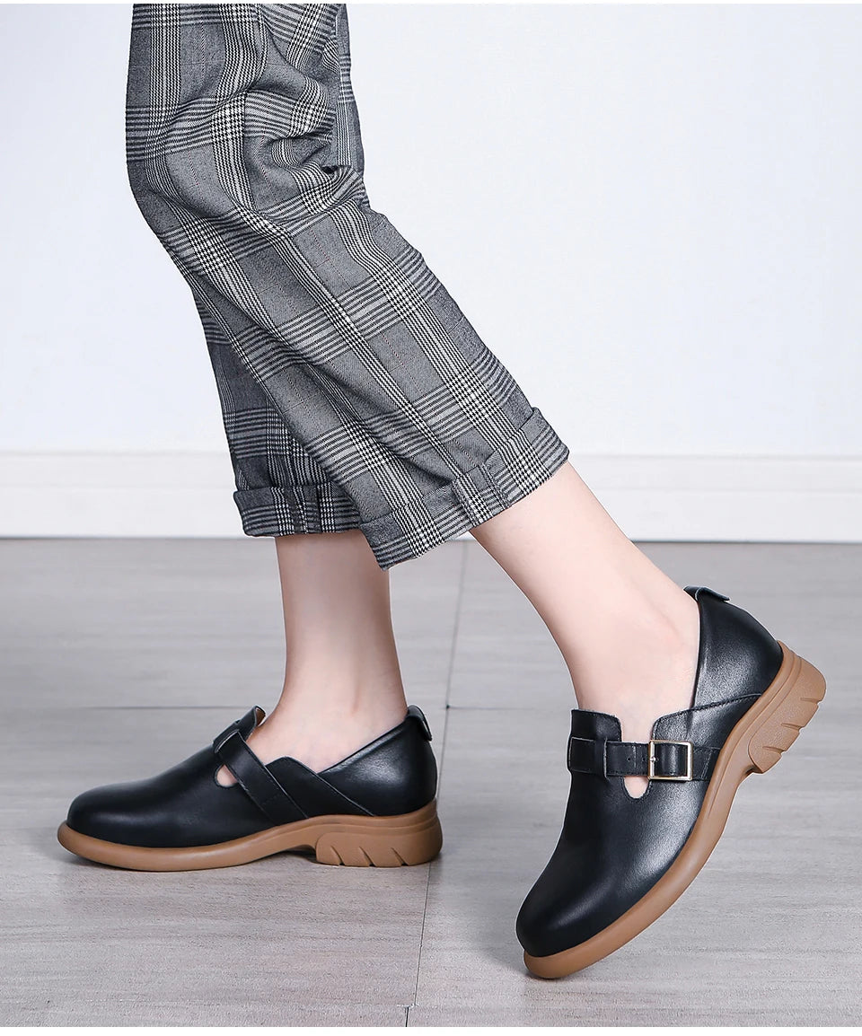 Loafers Women Spring Deep Single Shoes One Step Off Casual Shoes Leather Small Shoes British Style Platform Shoes Step-in