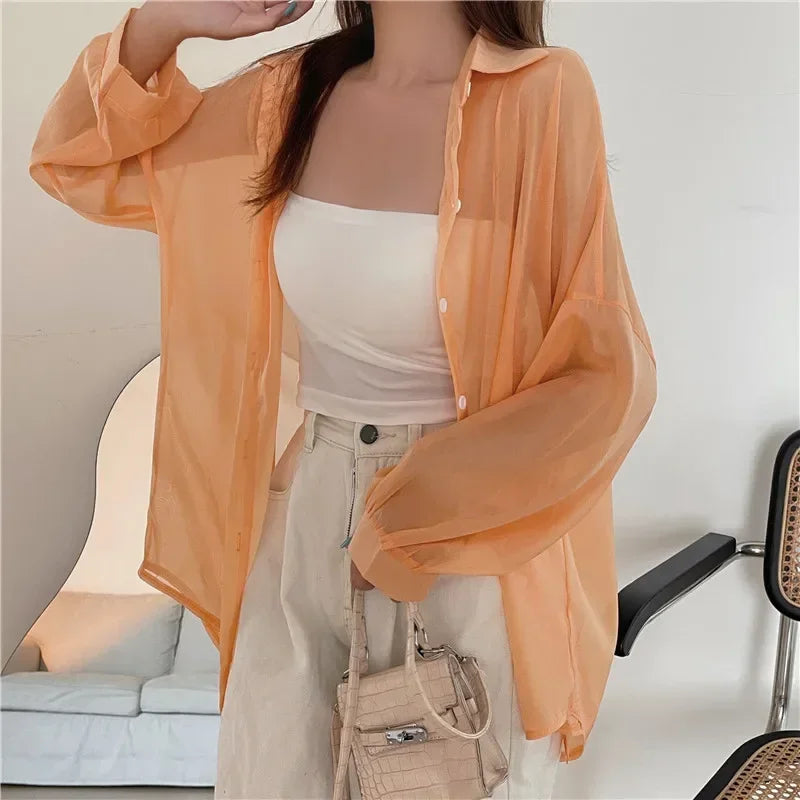 Oversized Shirt for Women Black White Thin Chiffon Collared Long Sleeve Button-Up Shirt Blouse Female Teen-girl Beach Cover Up