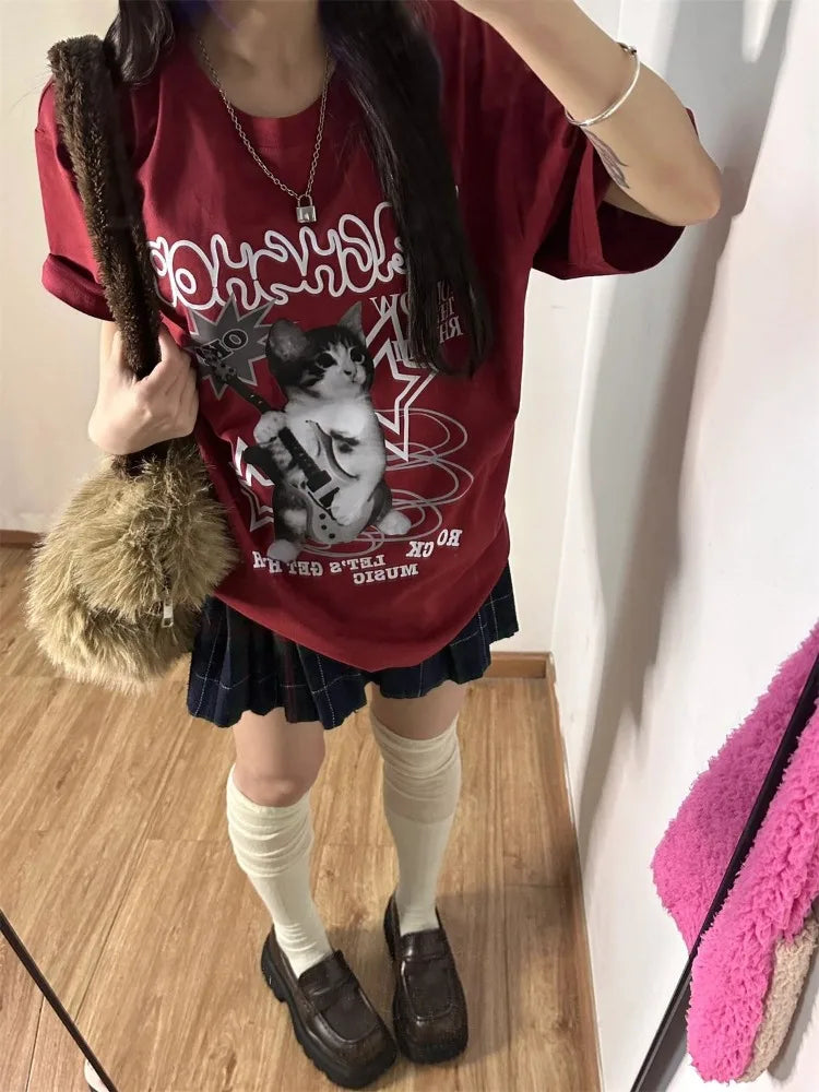 Kawaii Cat Printed Red T-shirts Women Harajuku Oversized Punk Style Tops Cute Graphic Short Sleeve Tees Cotton Casual