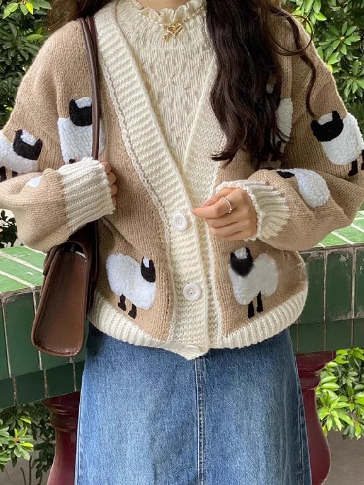 Sheep Pattern Crochet Chunky Knit Cardigan Cute Cartoon Sweater Vintage Long Sleeve V Neck Autumn Women Jumper Outerwear