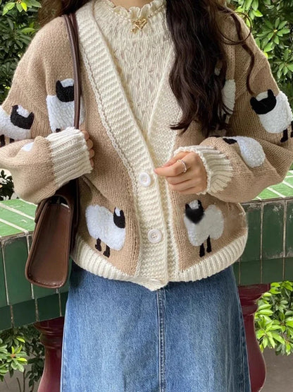 Sheep Pattern Crochet Chunky Knit Cardigan Cute Cartoon Sweater Vintage Long Sleeve V Neck Autumn Women Jumper Outerwear