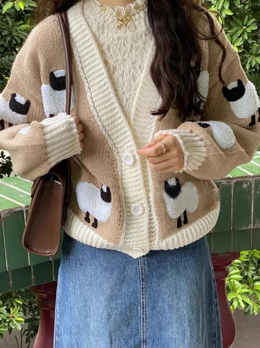Sheep Pattern Crochet Chunky Knit Cardigan Cute Cartoon Sweater Vintage Long Sleeve V Neck Autumn Women Jumper Outerwear