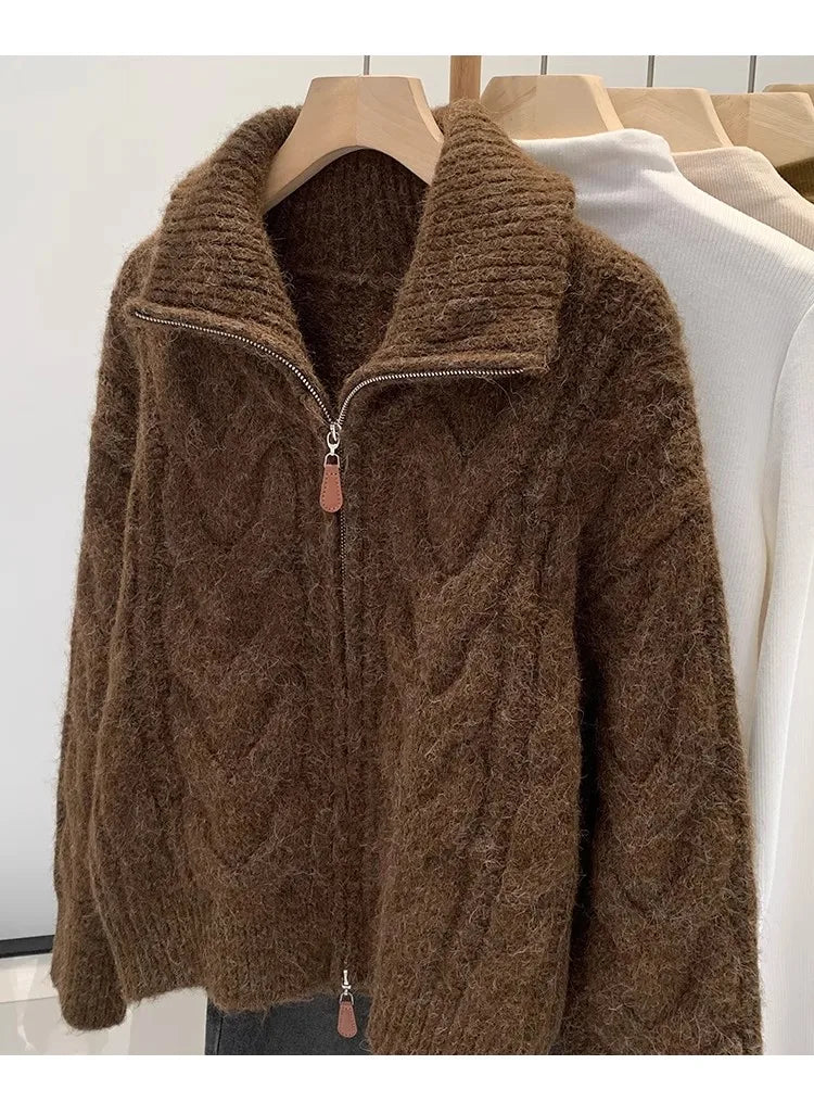 HELIAR Women Fall Winter New Casual Loose Knitted Cardigan Retro Solid Double Zipper Turn-down Collar Sweater Thicken Loose Tops